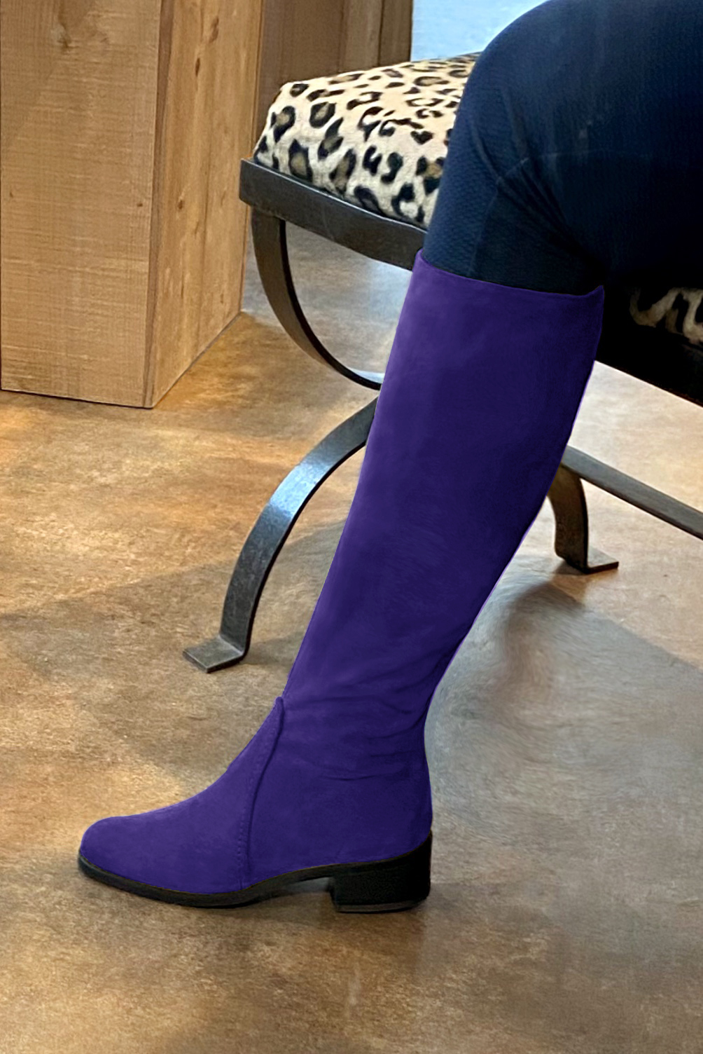 Violet purple women's riding knee-high boots. Round toe. Low leather soles. Made to measure. Top view - Florence KOOIJMAN